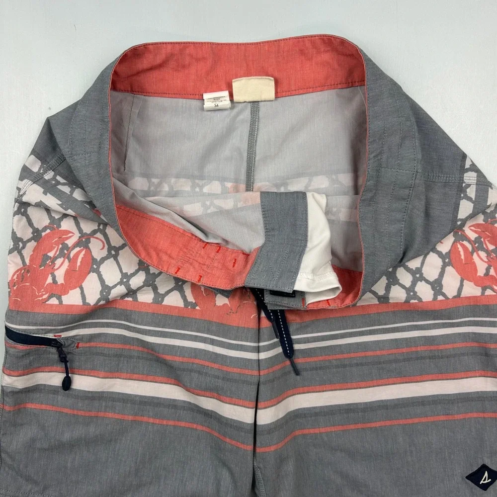 Sperry Mens Board Shorts Gray‎ Coral Lobster Net Stripe Swim Trunks Size 34